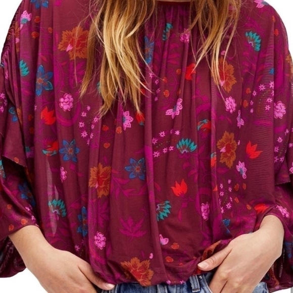 Free People Berry Wildflower Honey Boho Blouse Puffy Sleeves Girly Romantic Top - Picture 2 of 11